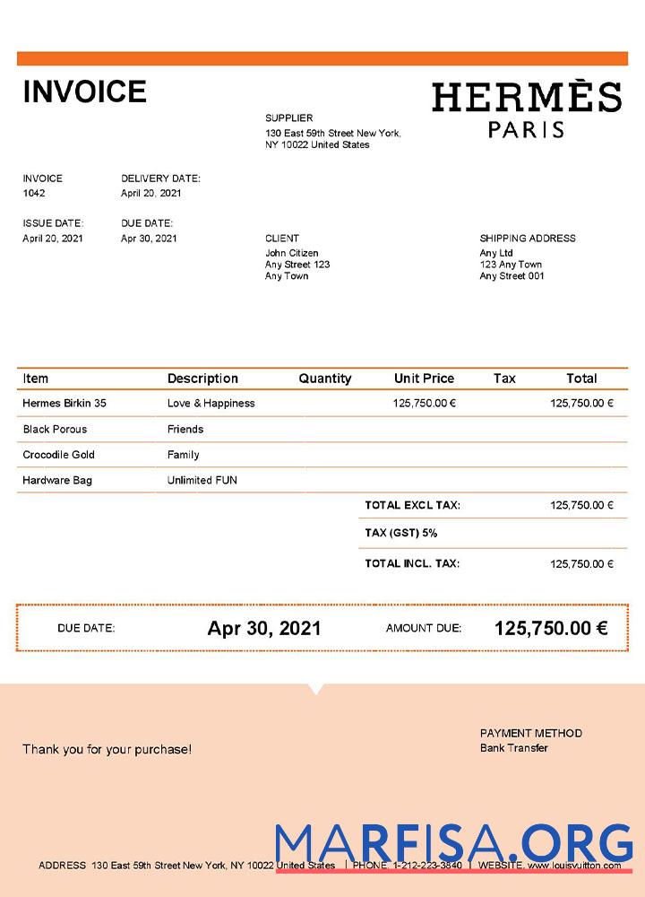 Realistic USA Hermes invoice template